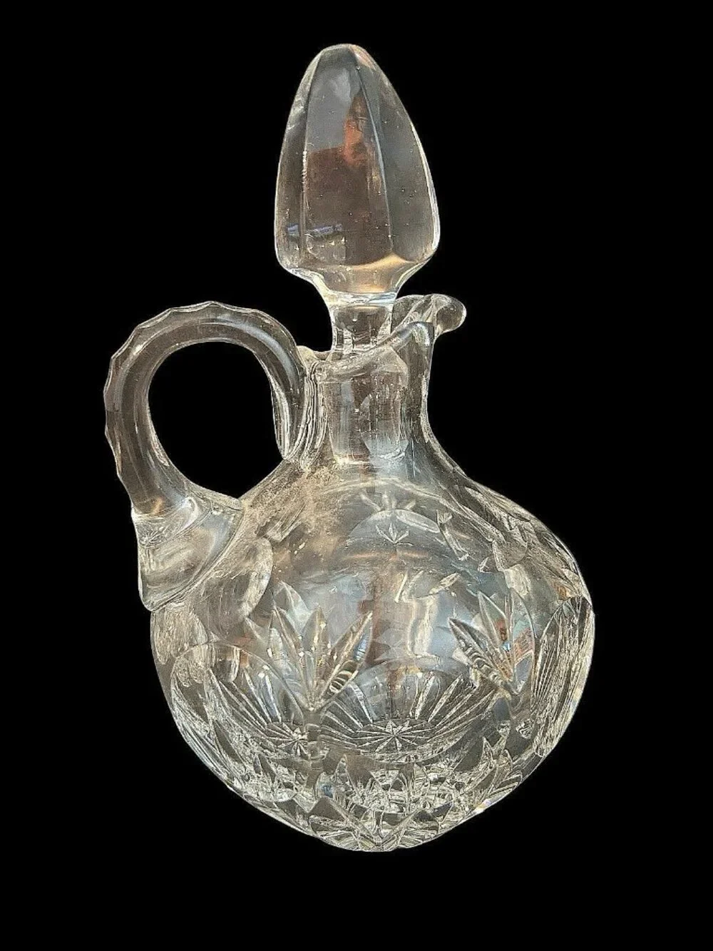 Vintage Elegant Cut Glass Cruets w/ Stoppers Diamond Point Pattern 7x5 Set of 2